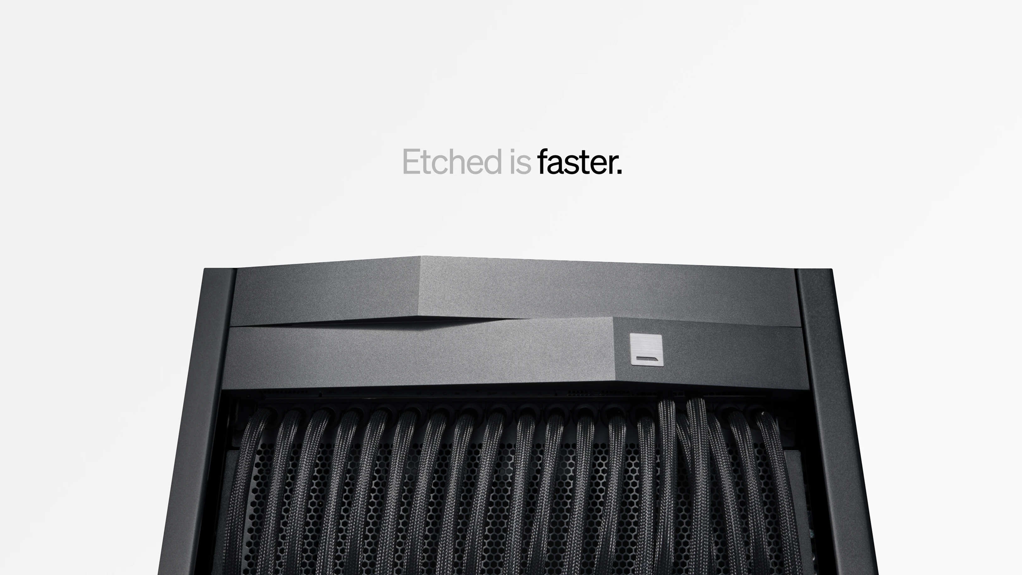 The "Etched is faster" headline above a close-up of Etched rack hardware